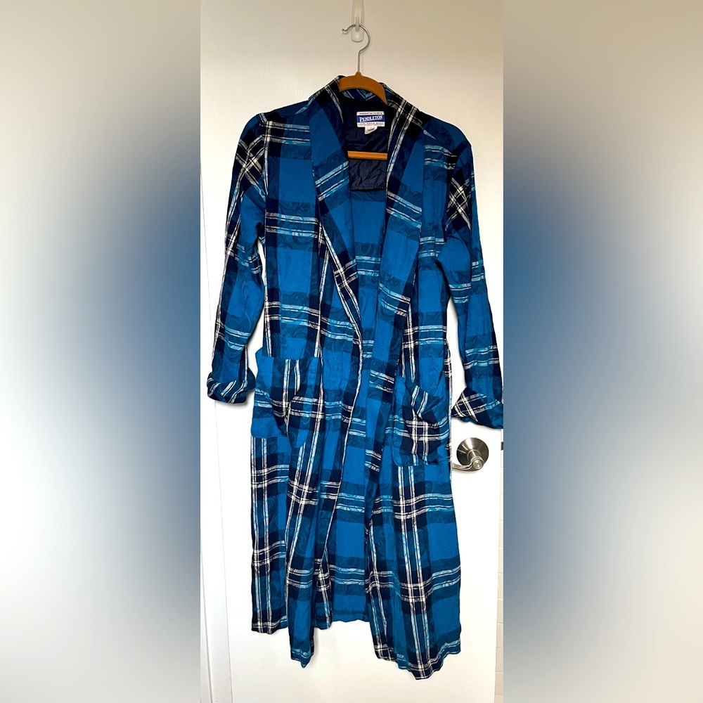 Vintage Pendleton Blue Plaid Dressing Gown 100% Wool